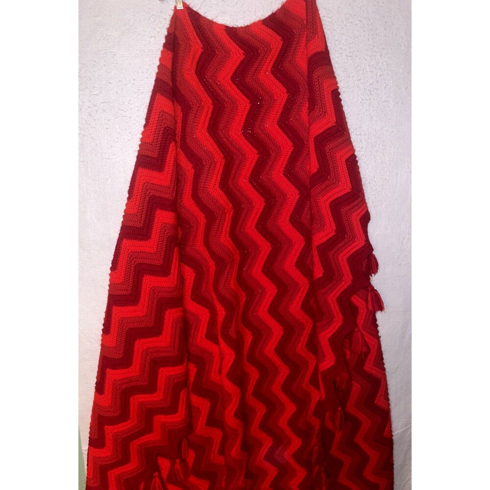Handmade VTG WOOL Red Chevron BOHO Crochet Sofa Throw LARGE Blanket 65x75 Tassel